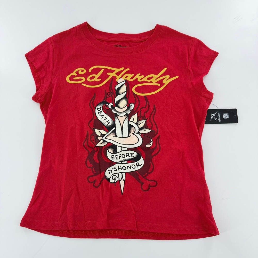 Ed Hardy Graphic Tee Death Before Dishonor Tattoo Y2K Womens Sz Large Cherry Red